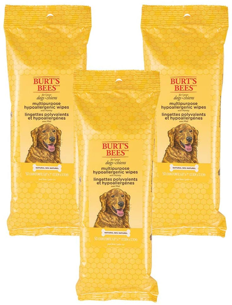 Multipurpose Dog Wipes with Honey, 98% Natural Origin Formulas, Hypoallergenic Dogs Wipe, Canine Cleaning Sheets for Paws and Butt, 3 Pk, 50Ct