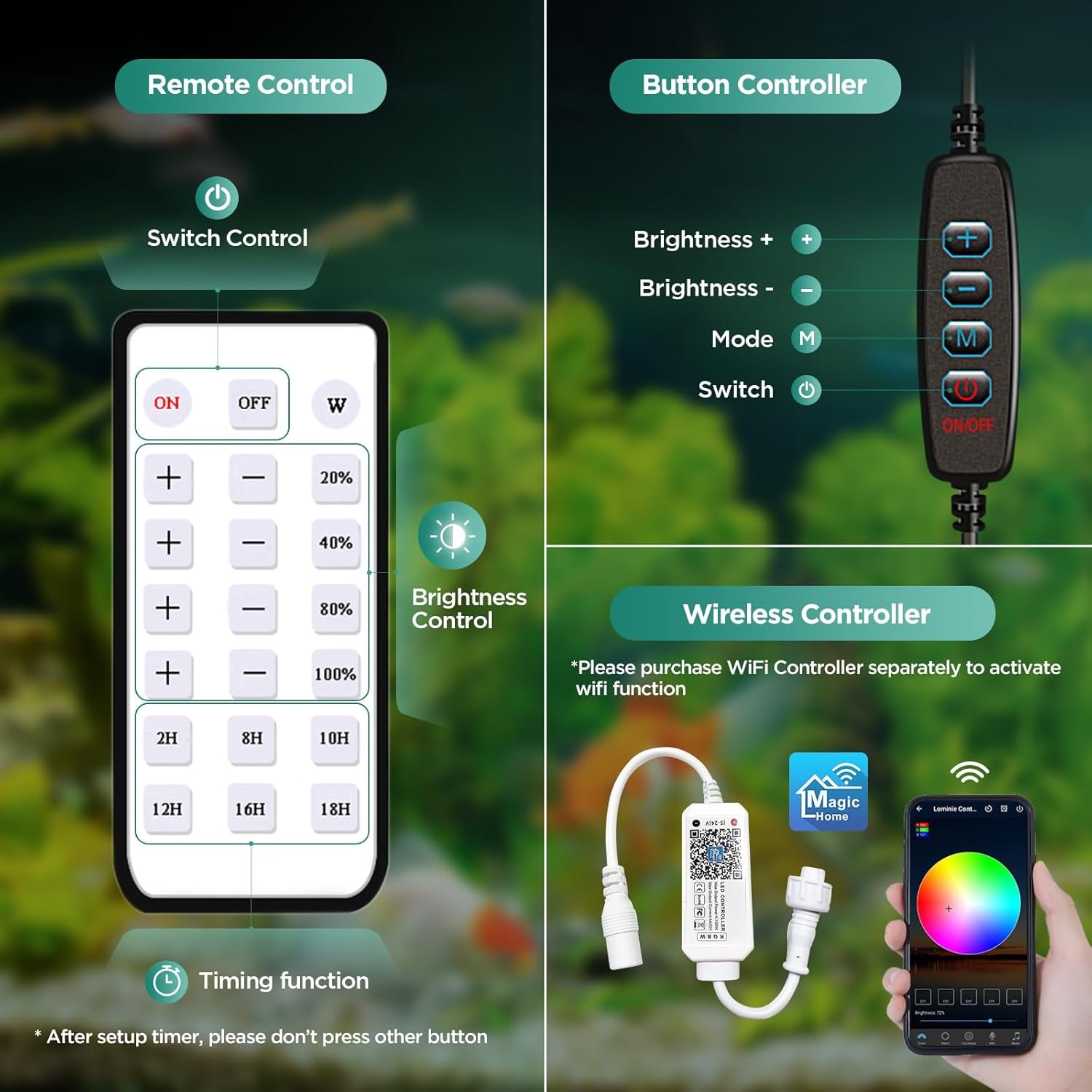 LED Aquarium Light, Planted Tank Light 4 Channels Remote Control 6500K Aquarium LED Lamp for Freshwater Fish Tank Refugium with Gooseneck (A20 Freshwater)